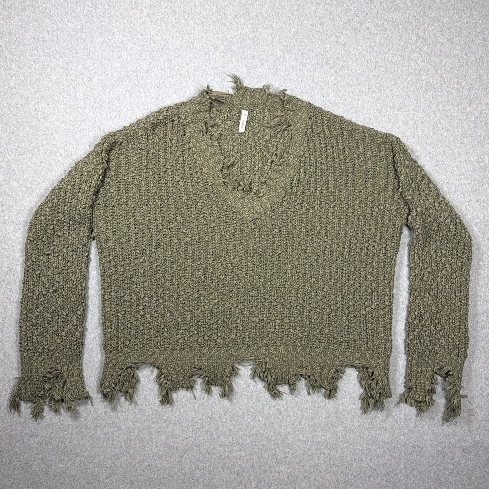 Wishlist Distressed V-Neck Chunky Knit Sweater Olive Green S/M
